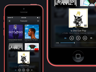 Music Player albums dark featured music next pause play player previous repeat shuffle ui