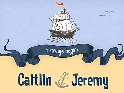 Jeremy & Caitlin Wedding Invitation: Inside anchor blue boat invitation maritime ocean orange ribbon water wedding