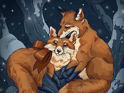 Happy Holidays bow branches christmas fox holidays love red bow red fox snow snowflakes starry night stars