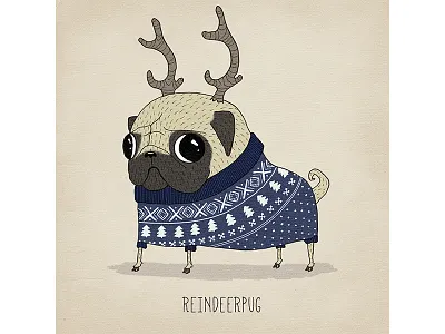 Reindeerpug antlers character character design christmas cute dog illustration pug reindeer sweater