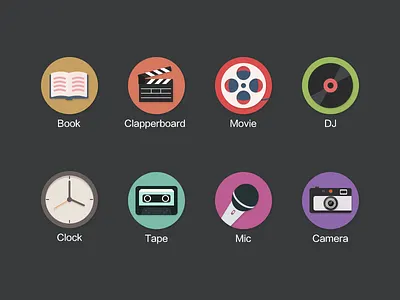 Icon Designs book camera clapperboard clock dj flat mic movie music read tape