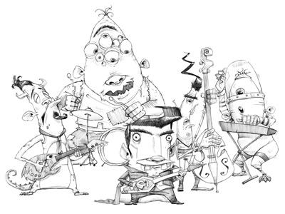Band aliens band bass doodle drawing drums guitars keyboards monsters music pencil sketch