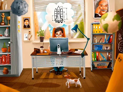 Space Calendar 2 dog father idea illustration office science working