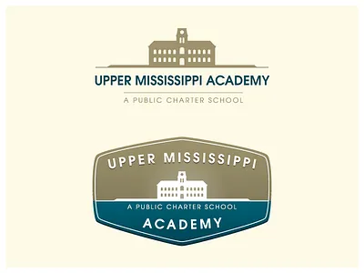 Upper Mississippi Academy Logo badge building building logo clockwork logo patch public school public school logo school school house school logo