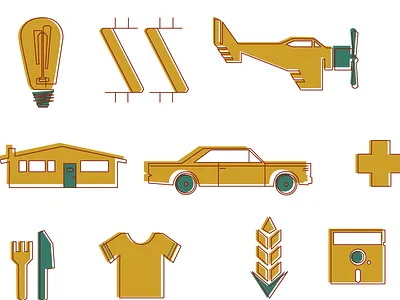 Pictograms car floppy disk illustrator lightbulb picto pictogram plane vecto vectoriel vintage