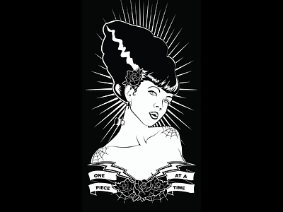 One Piece at a time black and white graphic design pin up girl tattoon