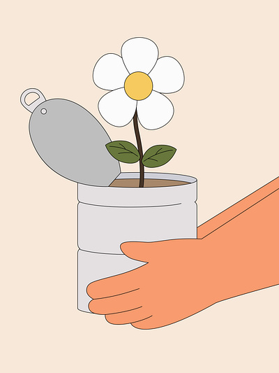 A hand with a metal flower pot branding design eco friendly flat illustration graphic design illustration reusable sustainable vector