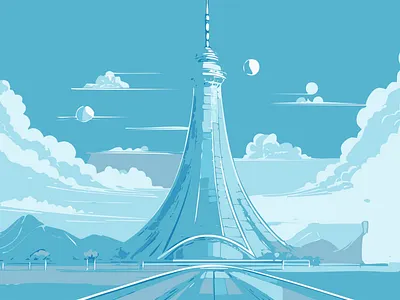 Futuristic Elegance in Blue ai anime comic graphic design illustration monochromatic landscape tower ui