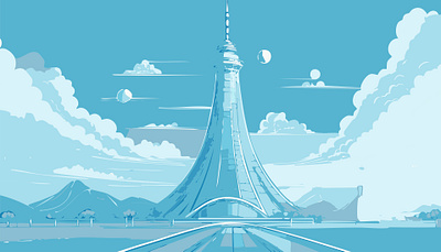 Futuristic Elegance in Blue ai anime comic graphic design illustration monochromatic landscape tower ui