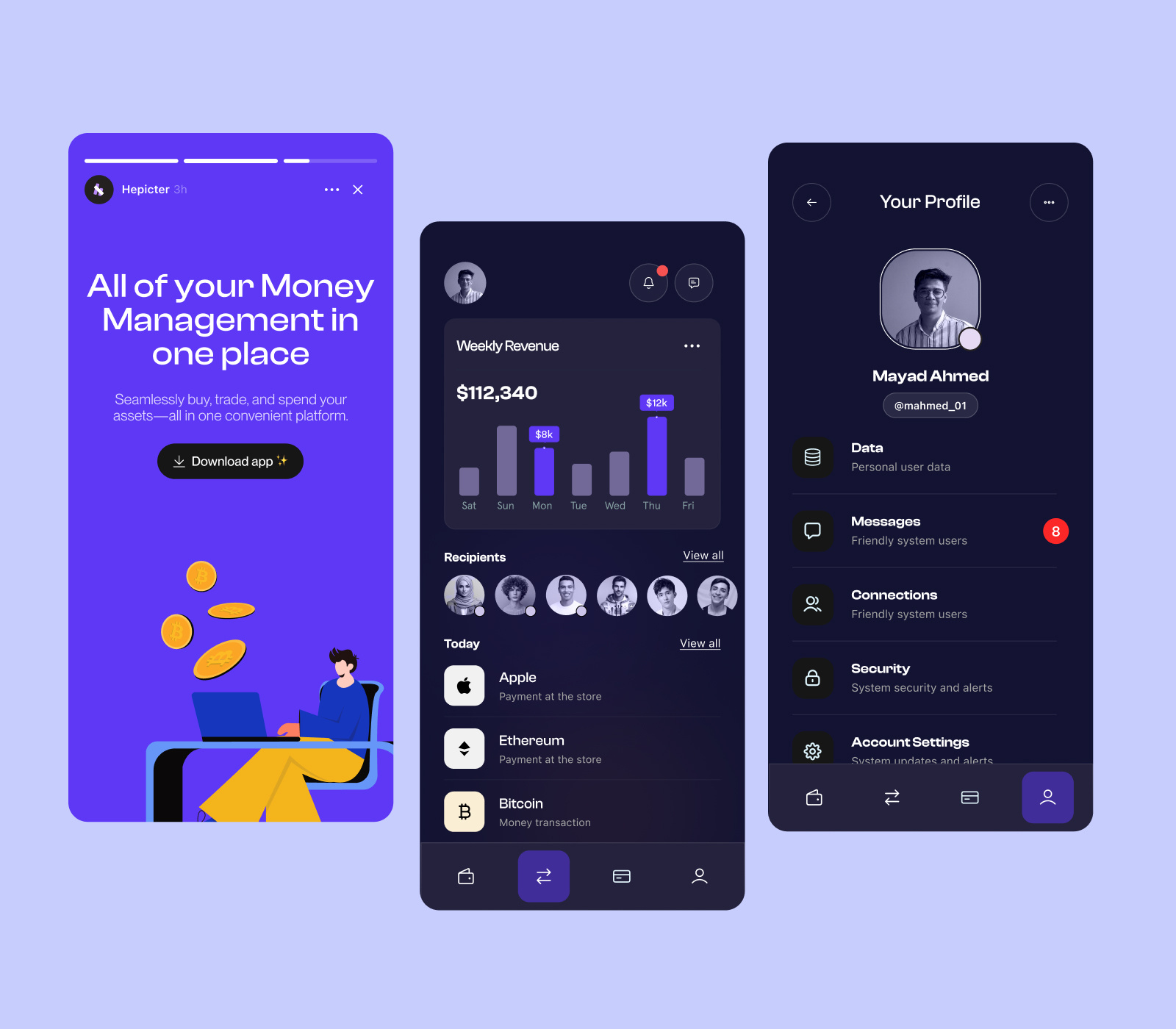Hepicter Mobile Application analytics app banking design finance fintech management minimal mobile app money trendy ui uiux wallet