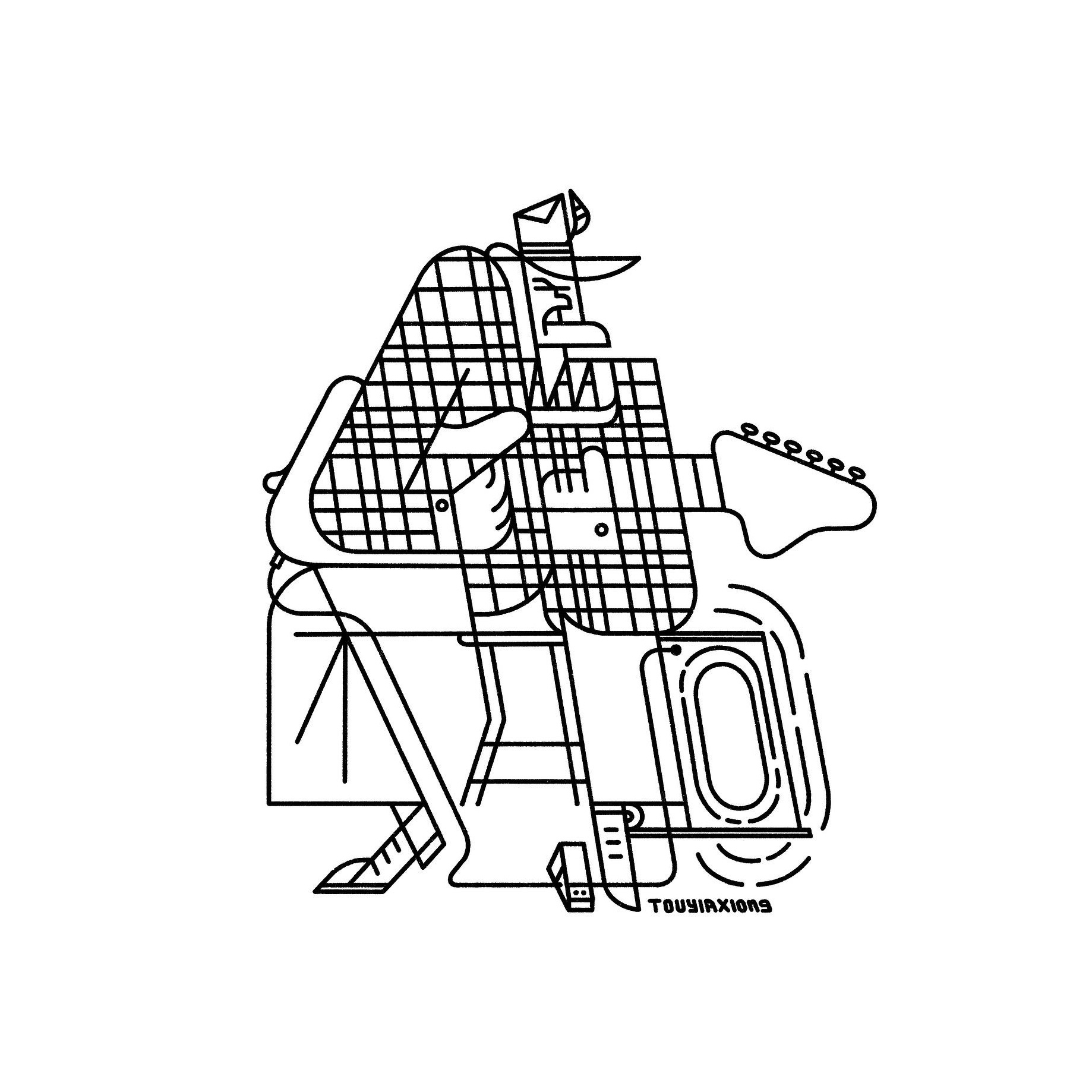 Guitar Busker 2d art branding busker design feather geometric graphic guitar hat icon illustration illustrator logo music new york city plaid subway train