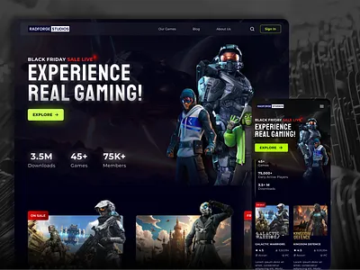 Gaming website home page UI design 🚀 black blue dark mode dark ui desktop game ux game website gaming gaming website green header home page mobile ui neon ui ui ux ux case study ux design web ui website design