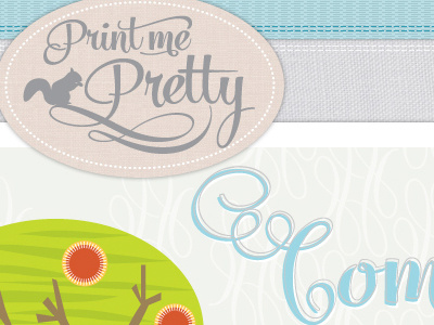 Print Me Pretty branding and site design blue logo script texture