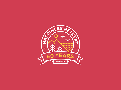 Happiness Retreat 40th anniversary bird circle lines logo mountains ocean ribbon seagull sun trees