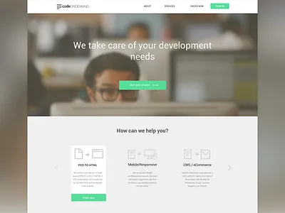 Codeondemand design flat home home page icons landing page minimal web design website