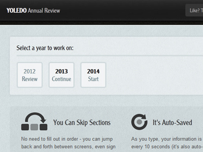 Yoledo Annual Review - Start / Launch screen annual application interface launch personal review saas ui web website wizard year end