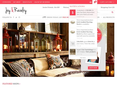 Joy& Revelry Notifications css dropdown ecommerce market notifications red shop web