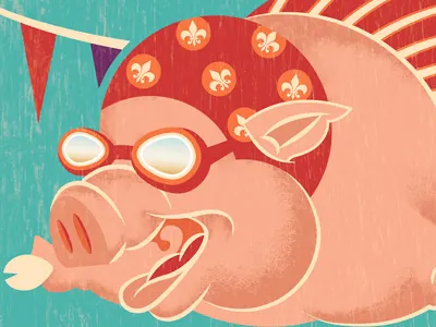 Boudin Cook-Off Poster Illustration boudin cajun flying goggles pig swimming