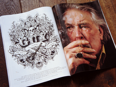 Guy Clark Magazine Spread banner blackwhite drawing guitar hand drawn illustration knife magazine spread music roses skull swirls