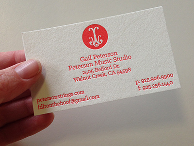 Letterpress business card for Peterson Music Studio business card coral letterpress logo