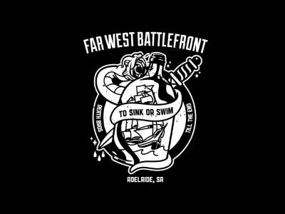 Sink Or Swim badge boat bottle dagger knife ocean poison serpent ship snake traditional vintage