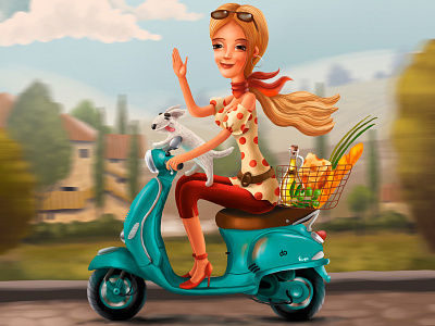 Vespa character dog illustration italia motorbike road vespa woman