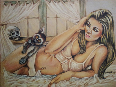 Lemur - Prismacolor illustration animal girl illustration lemur pencil prismacolor skull woman