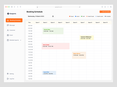 Gosports - Booking Schedule Dashboard Design activity booking dashboard booking management dashboard design planner product design saas saas platform schedule scheduling dashboard scheduling management sports facility management sports platform sports scheduling task management ui ux web application