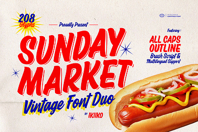 Sunday Market - Vintage Font Duo 60s brush script font groceries hand lettering handwritten ice cream market old old fashioned pizza retro script sign signage summer typeface typography vintage