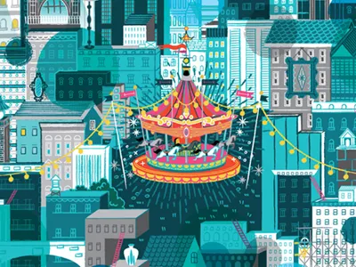 Bright Night II .mcontemporary architecture buildings carousel ladders lights merry go round mirrors pictureframes pots