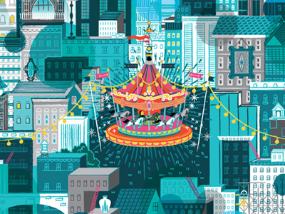 Bright Night II .mcontemporary architecture buildings carousel ladders lights merry go round mirrors pictureframes pots