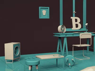 Room blue cinema desk fan interior render room speaker table white workspace