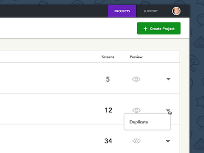 Project list admin dashboard list popover projects table ui web