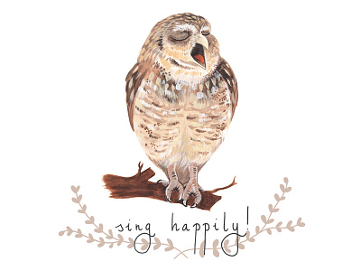 .sing happily. animal bird owl painting