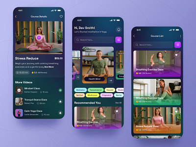 Meditation and Yoga Mobile App Design app app design app ui dark fitness app health app ios junayed meditation meditation yoga app mental health mindset minimal mobile app modern design popular app product design telimedicine therapy yoga app