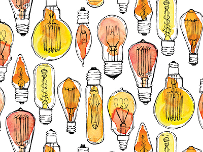 Vintage Bulbs Round 3 electricity filament glass light lightbulb orange pattern repeat vintage watercolor yellow