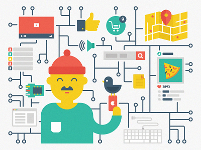 Technologies and social media beanie bird browser circuit illustration instagram keyboard man map mustache pizza twitter
