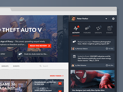 Alt concept - expanded user portal activity feed games gaming landing landing page news slider ui video web