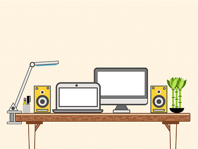 Workspace computer desk flat light pattern plant speaker