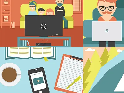 Animation graphics animation camping church coffee computer family flat illustration ministry online campus scene