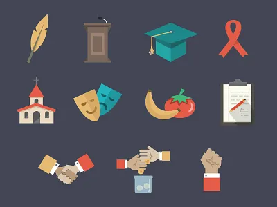NationBuilder Site Type Icons church flat food fruits graduation hand icons minimal podium quill ribbon simple