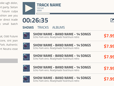 Artist Page Shot blue content page flat design live music orange player streaming tan user interface web design