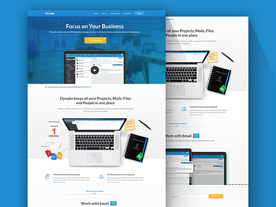 Dynado landing page big photo blue computer dynado green landing page mails tasks yellow