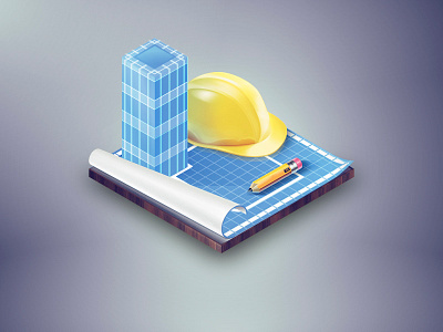 Projecting blueprint building desk helmet illustration isometric pencil web icon