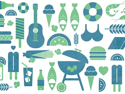 Summer Vibes bbq corn flat guitar hamburger icons illustration popsicle summer texture vector vintage