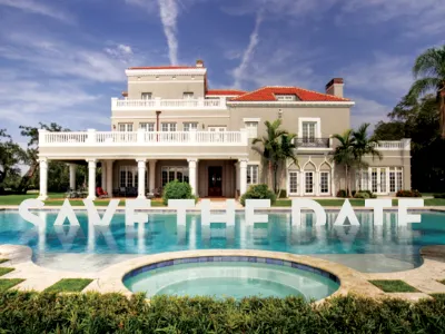Taking a Dip date fundraiser invitation mansion party pool reflection save type typography water