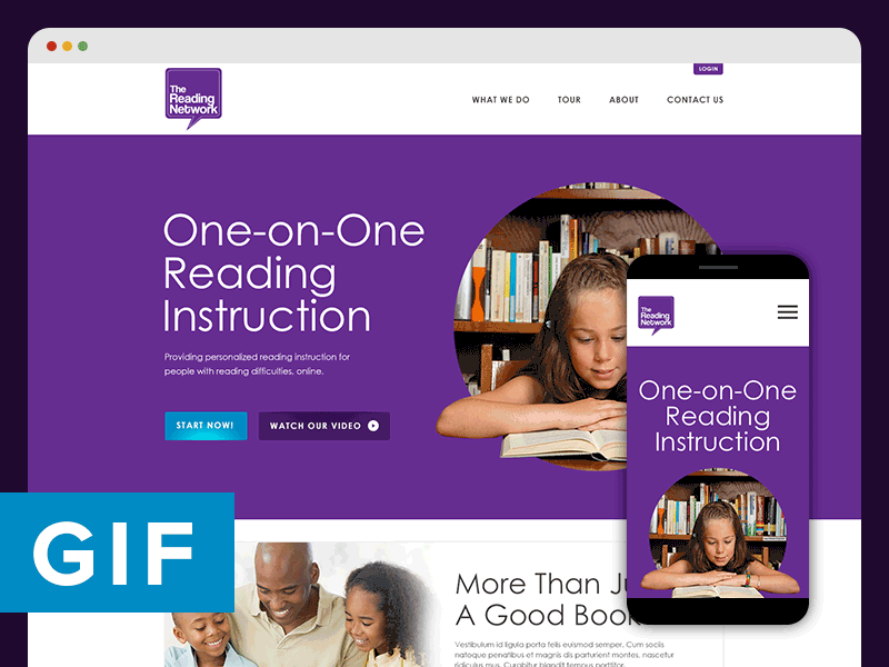 Desktop & Mobile [GIF] animated blue children desktop gif homepage minimal mobile purple reading responsive website