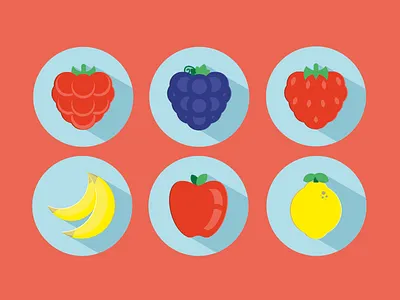 Flat Fruits Icons apple banana flat free fruits grapes icons lemon long shadow raspberry strawberry vector