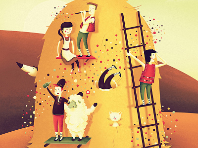 Haystack Fun cat cute dog field fun hay haystack illustration party people sheep