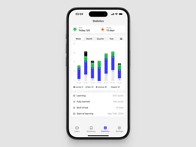 Learning statistics chart diagram education learning light mobile app statistics ui